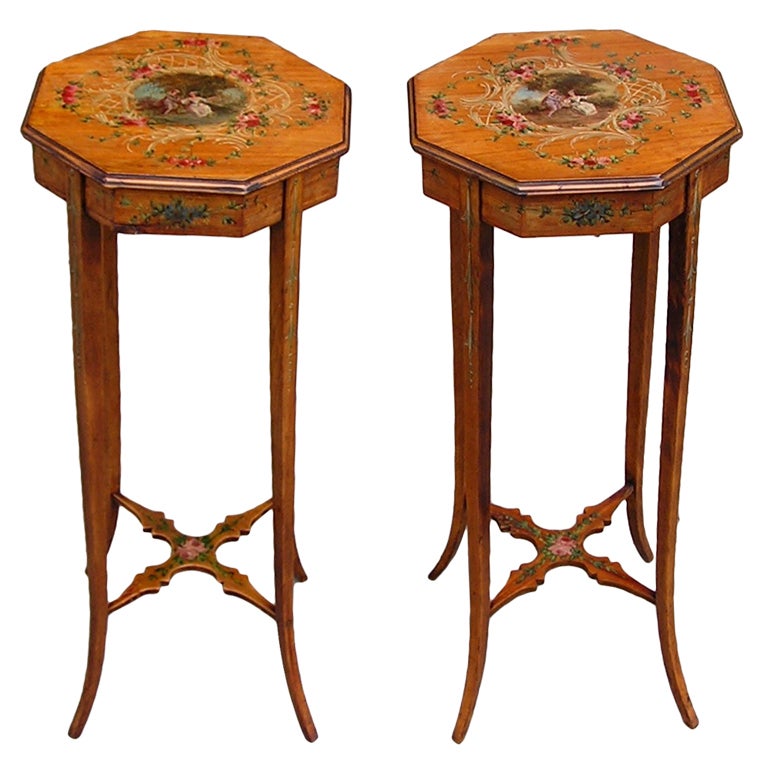 Pair of English Painted and Satinwood Pedestal Tables