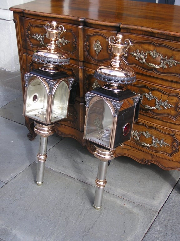 American Empire Pair of American Nickel Silver & Brass Coach Lanterns, Rochester, NY.  C. 1830 For Sale