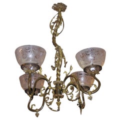 Italian Neoclassical Gilt Bronze Foliage Gasolier w/ Frosted Etched Shades, 1820