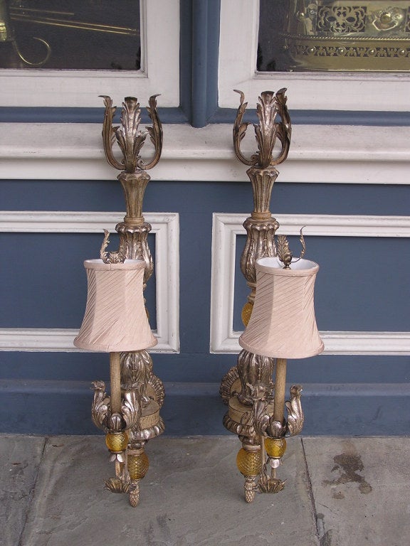 Pair of Italian Silver Gilt Sconces For Sale 5