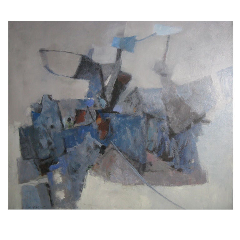 Grey and Blue Large Abstract Oil by Lionel Gibert
