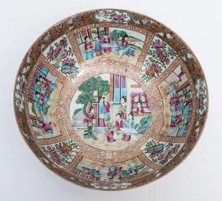 Chinese Rose Medallion Porcelain Punch Bowl For Sale 2