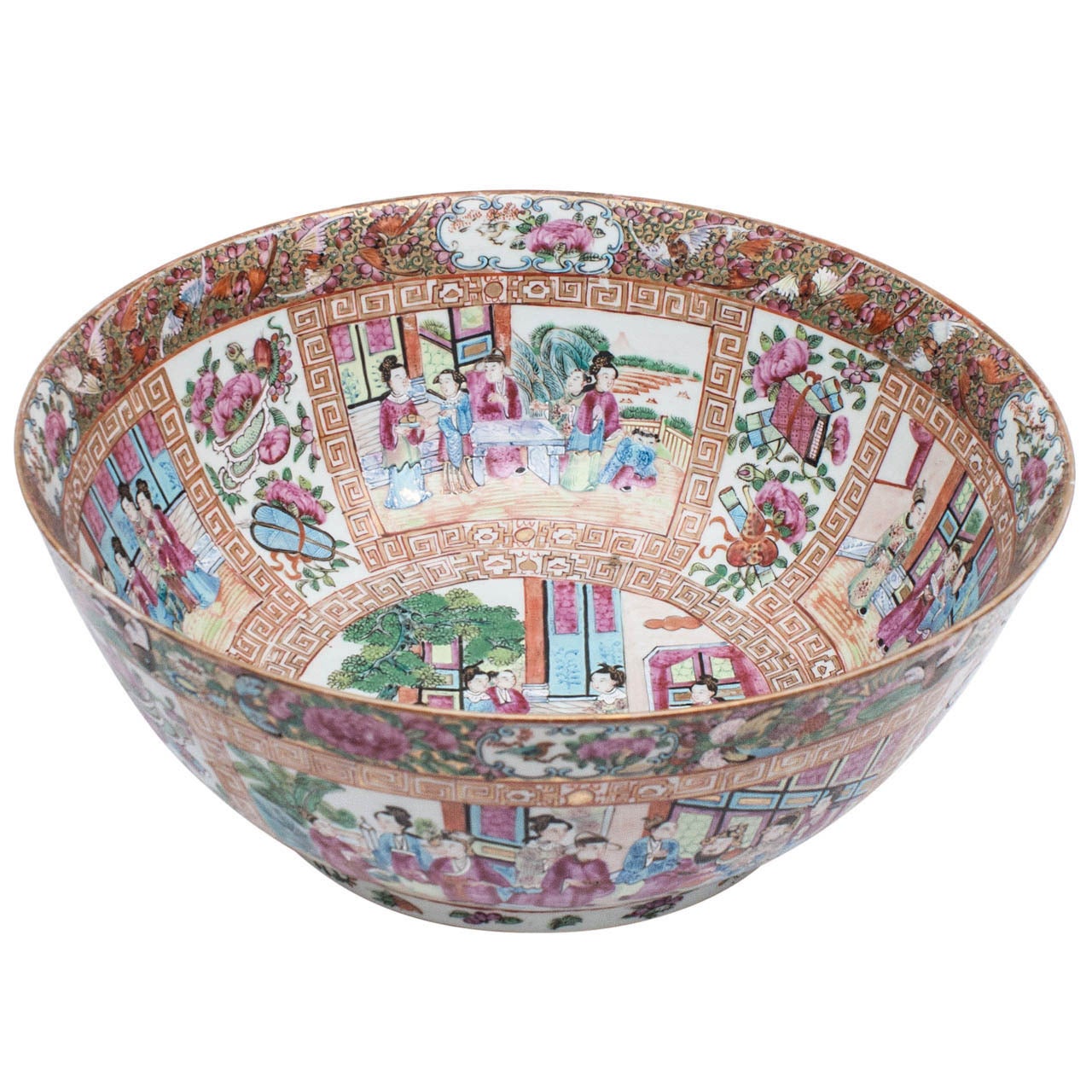 Chinese Rose Medallion Porcelain Punch Bowl For Sale