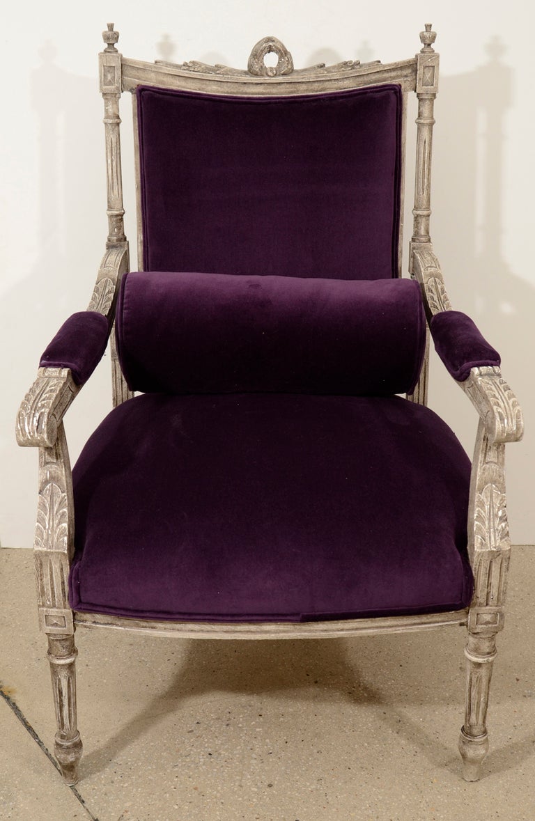 Pair of French Louis XVI Painted Armchairs in Purple Velvet 5