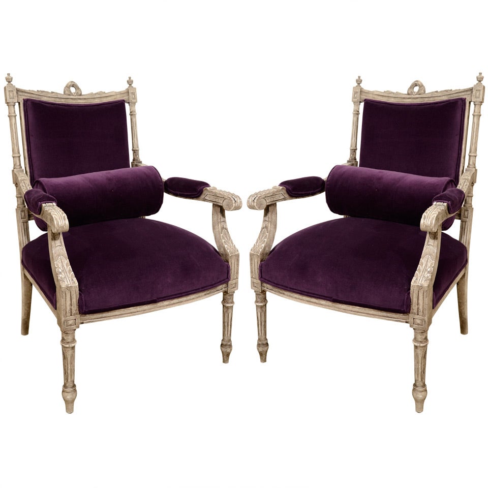 Pair of French Louis XVI Painted Armchairs in Purple Velvet