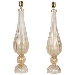 Exquisite Pair of Italian Handblown Murano Gold Glass Lamps