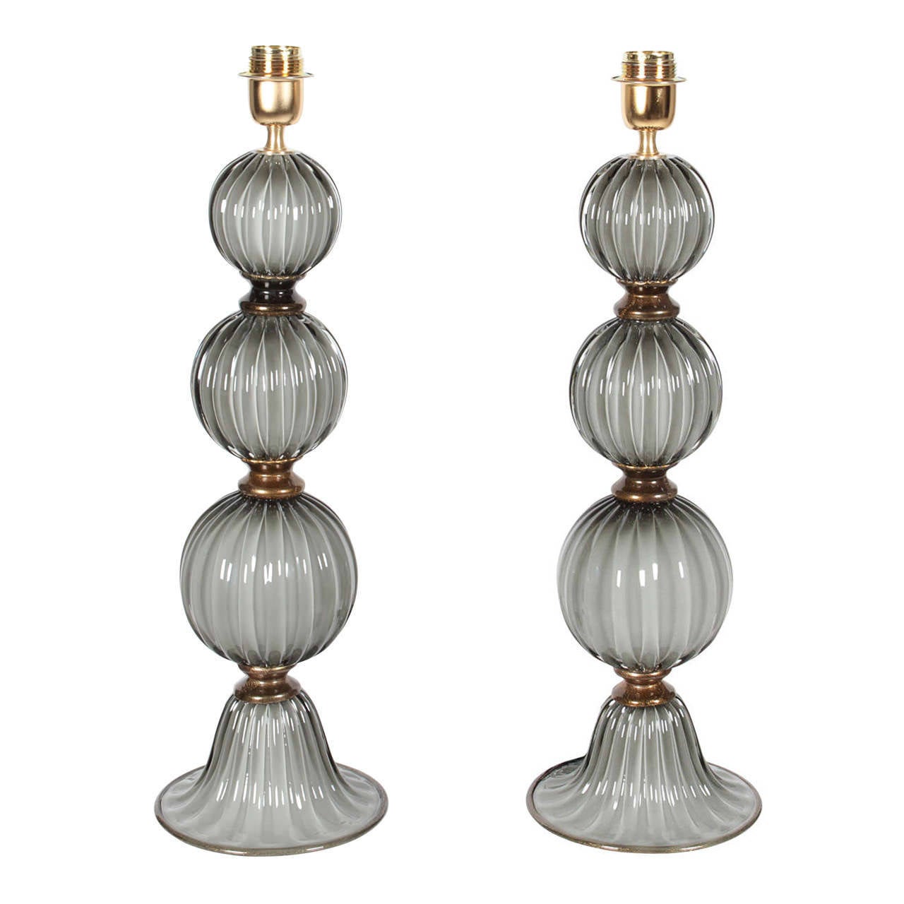 Pair of Italian Murano Grey and 23-Karat Gold Glass Lamps
