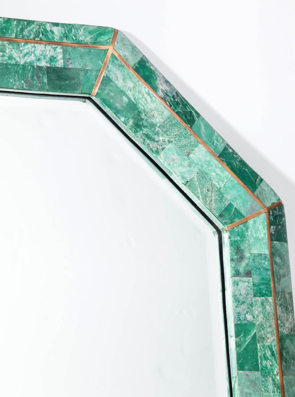 20th Century Tessellated Green Stone Octagonal Mirror with Brass Inlays Signed Maitland-Smith