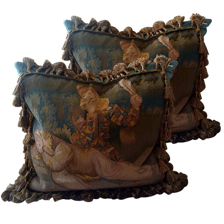 Gorgeous Pair Turquoise Aubusson Style Handmade Tapestry Pillows
