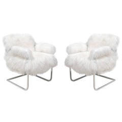Pair of Chrome Mid-Century Modern Armchairs in Natural White Mongolian Goat Hide