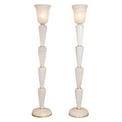 Pair of White Pulegoso Murano Glass Floor Lamps