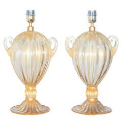 Breathtaking Pair of "Avventurina" Italian Murano 23-Karat Gold Glass Urn Lamps