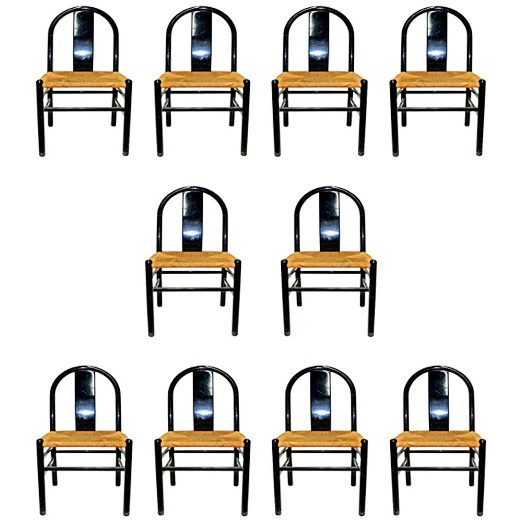 Set of 10 Charles Stendig Italian Black Lacquered Beechwood Chairs 1970's For Sale