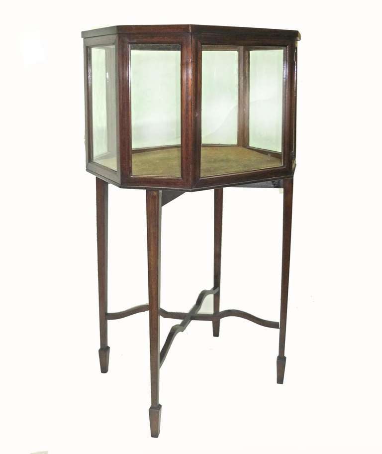 Featuring a hexagonal shaped display cabinet with a velvet lined bottom raised on square tapering legs connected with a serpentine shaped stretcher and raised on spade feet.