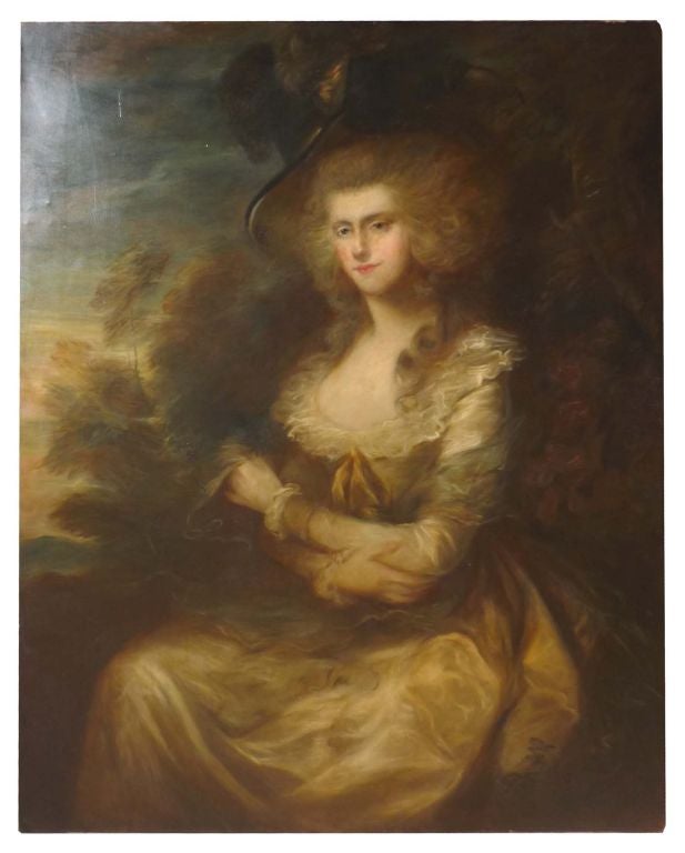 Depicting a seated woman elegantly depicted in three quarter length, before a natural landscape. Framed. In the manner of Thomas Gainsborough (English 1727-1788), and very much like the portrait of Mrs. Richard Brinsley Sheridan which was painted