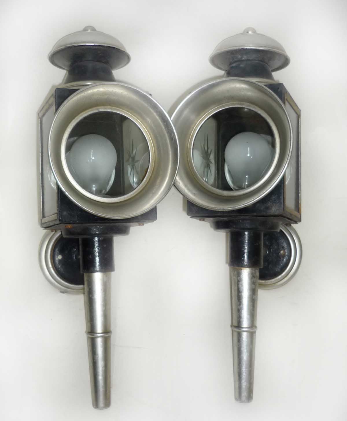 Pair American Silver Plated and Ebonized Carriage Lamps 19th C