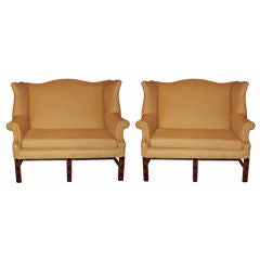 Pair of Upholstered Chinese Chippendale Style Camel Back Sofas