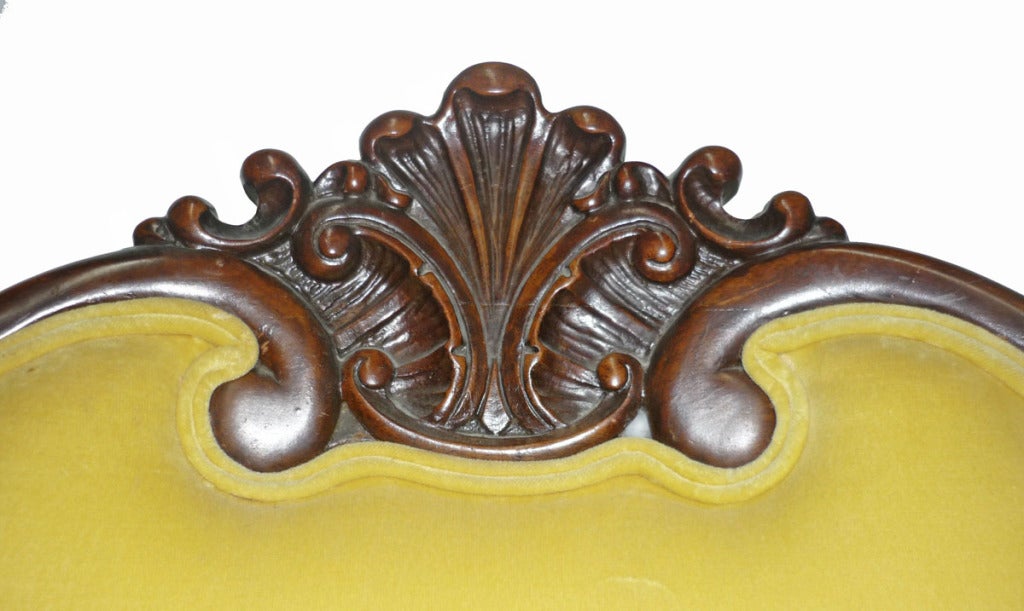 featuring a shell carved crest over an upholstered back and seat; raised on carved cabriole legs with stretchers ending with dolphin feet.