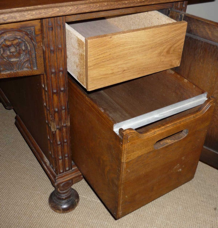 English Jacobean Style Carved Oak Pedestal Desk 1