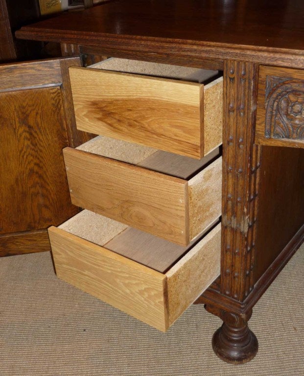 English Jacobean Style Carved Oak Pedestal Desk 2