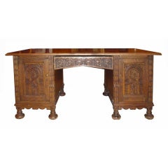 English Jacobean Style Carved Oak Pedestal Desk