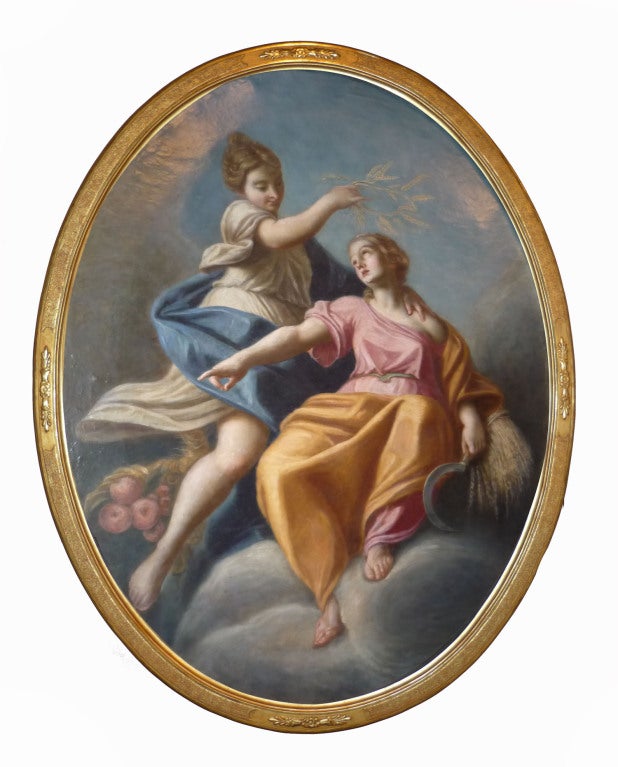 Depicting Ceres, the Roman Goddess of Agriculture seated in a cloud holding a scythe and wheat, with an attendant, (in the Greek tradition she was known as Demeter.)  Framed.