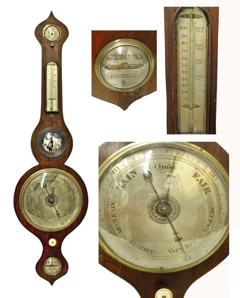 onion shaped top over a hydrometer, thermometer, brass bezeled barometer face, and a spirit level labeled: warranted correct.