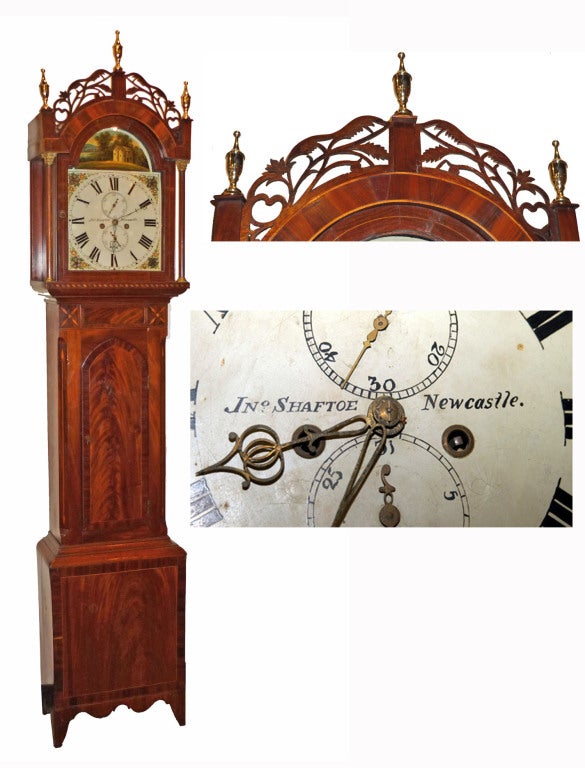 by John Shaftoe of Newcastle, featuring a reticulated crest with urns over a painted arched dial flanked with columns; the inlaid and cross-banded case with an arched door and raised on tapering legs.