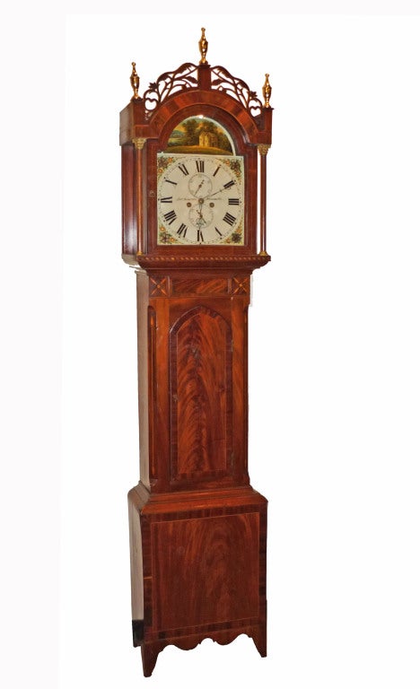 English George III Inlaid Mahogany Tall Case Clock Newcastle 19th C