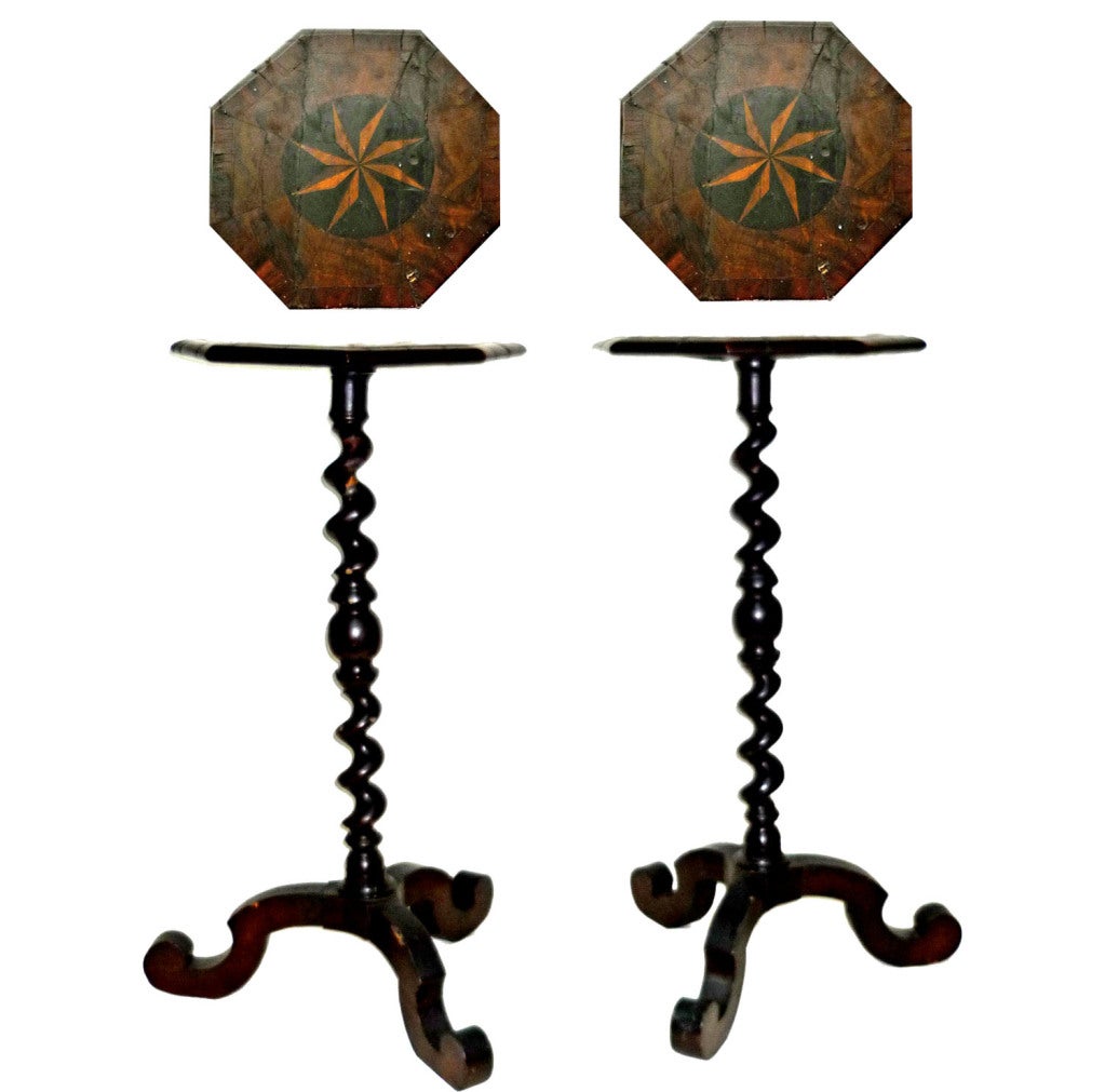 octagonal spiralling inlaid tops raised on barley twist standards with stylized cabriole legs. English or Dutch.