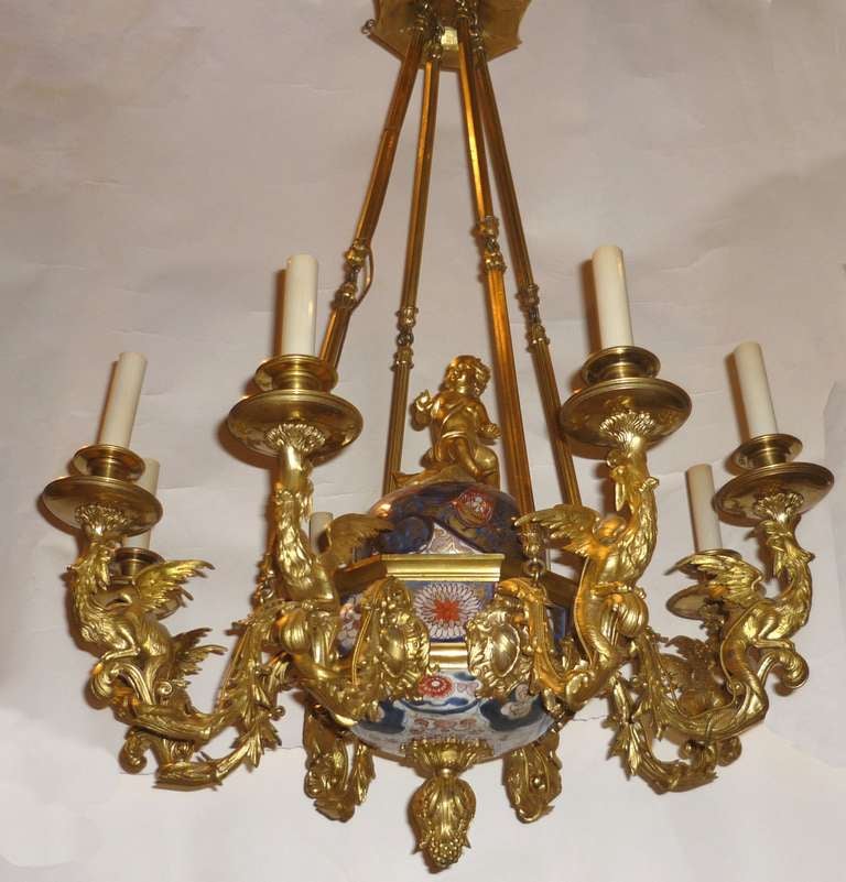 19th C Louis XV Bronze Dore and Imari Eight Light Chandelier 1