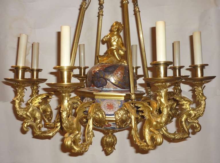 Rococo 19th C Louis XV Bronze Dore and Imari Eight Light Chandelier