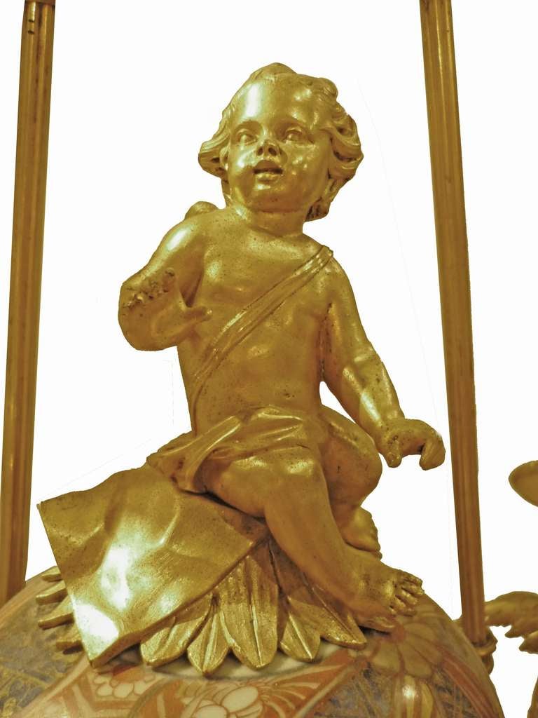 French 19th C Louis XV Bronze Dore and Imari Eight Light Chandelier