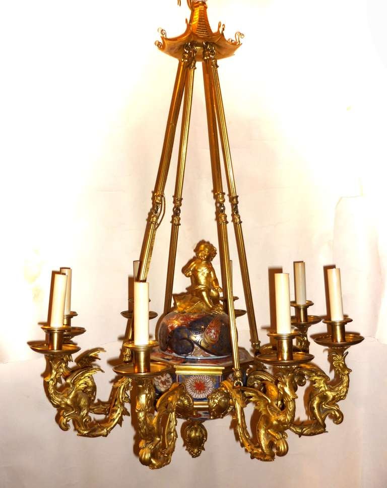 19th Century 19th C Louis XV Bronze Dore and Imari Eight Light Chandelier