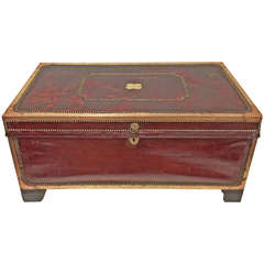 Antique China Trade Camphor Wood and Red Leather Trunk, circa 1850