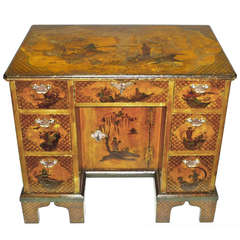 Antique George III Style Mustard Yellow Chinoiserie Japanned Kneehole Desk, 19th Century