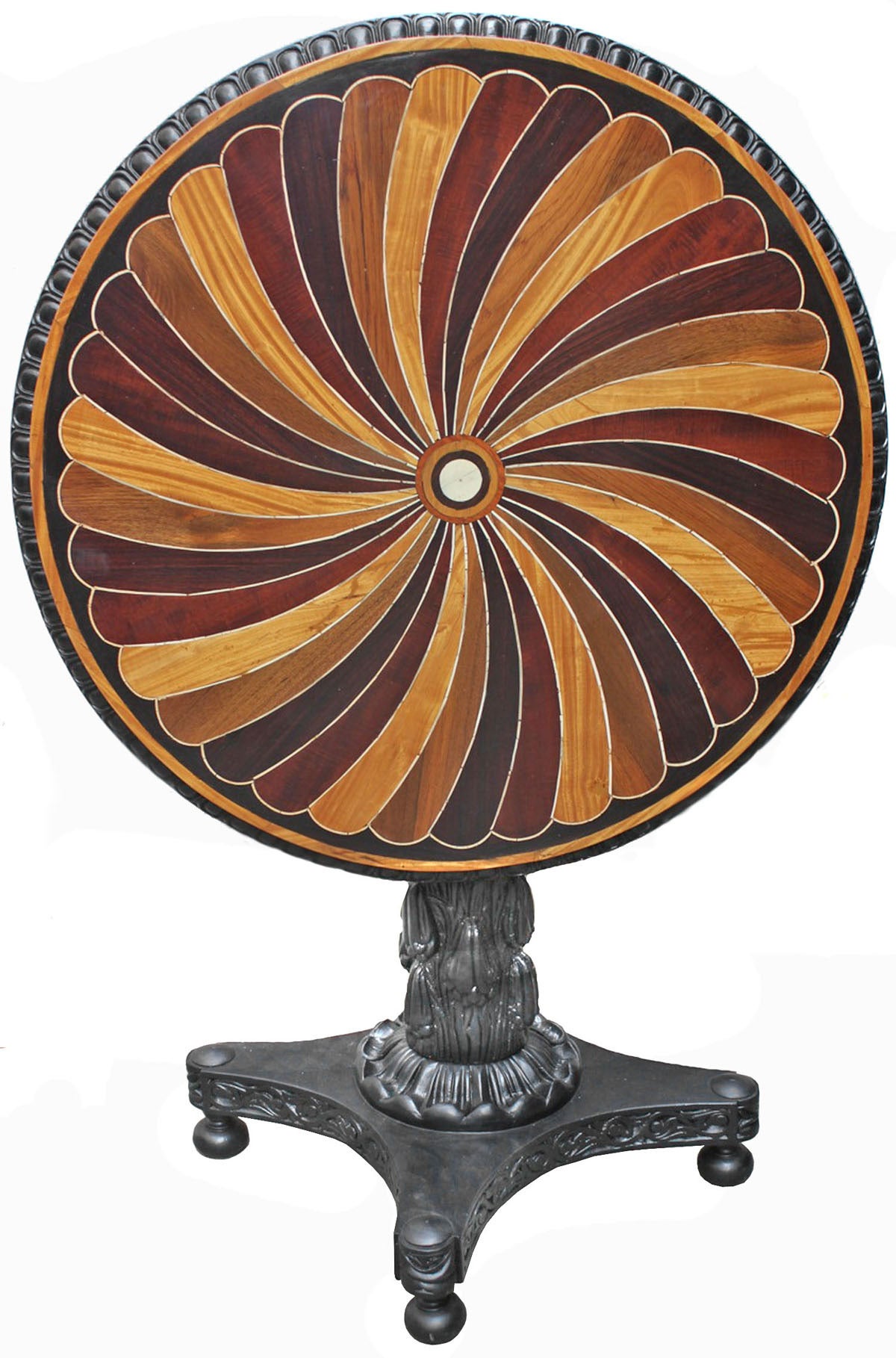 Anglo Indian Ceylonese Specimen Top Table, Circa 1860; circular tilt-top inlaid with a whorl of specimen veneers including Ivory and Ebony. This style was a specialty of the Galle District of Ceylon which was famous for it's specimen-wood furniture.