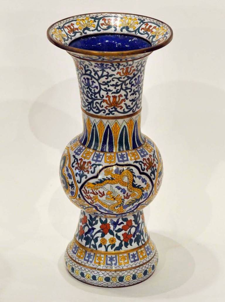 Pr. Chinese White Ground Cloisonne Vases In Excellent Condition In Louisville, KY