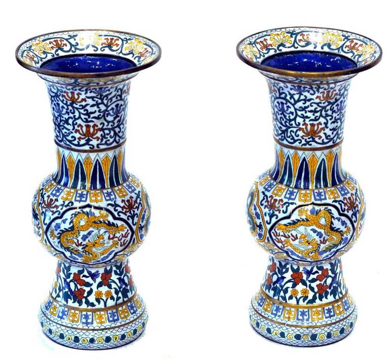 19th Century Pr. Chinese White Ground Cloisonne Vases