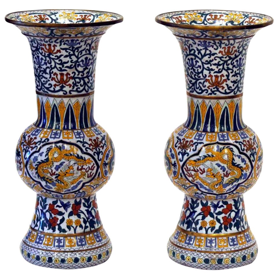 Pr. Chinese White Ground Cloisonne Vases