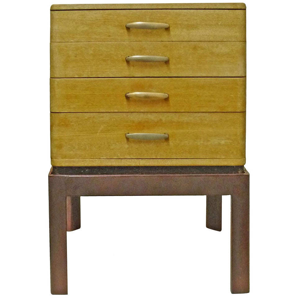 Mid Century Modern Oak Chest on a Red Lacquered Stand For Sale