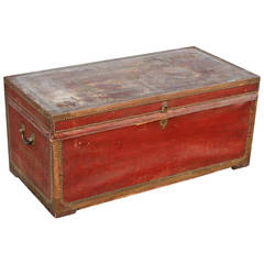 China Trade Camphor Wood and Red Leather Trunk, circa 1850