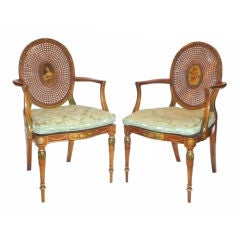 Antique Pair of Painted Satinwood Arm Chairs