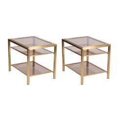 Pair 1970's Modernist Gilt Bronze and Glass Side Tables