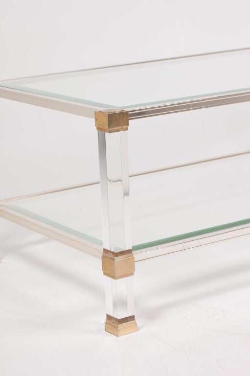 French Pierre Vandel Lucite, Glass and Brass Coffee Table