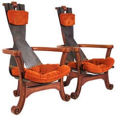 Unusual Leather Sling Lounge Chair Pair