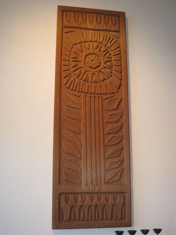 Large deep carved solid redwood door panel designed by Evelyn Ackerman for Panelcarve. This panel was designed for architectural applications. It has a small lip on the outer edge and could have been framed to complete a solid wood front door. It