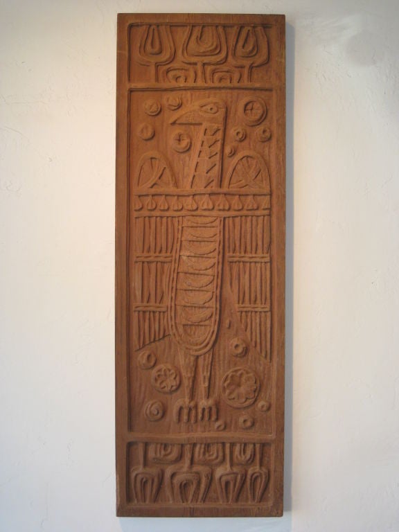 Large deep carved solid redwood door panel designed by Evelyn Ackerman for Panelcarve. This panel was designed for architectural applications. It has a small lip on the outer edge and could have been framed to complete a solid wood front door. It