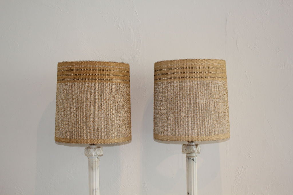 Pair of carved Italian marble pillar lamps with hand woven Maria Kipp shades. Lamps measure 28