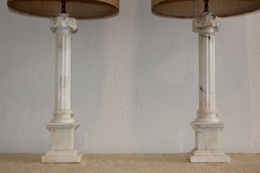 Hollywood Regency Carved Marble Pillar Lamps W/ Maria Kipp Shades